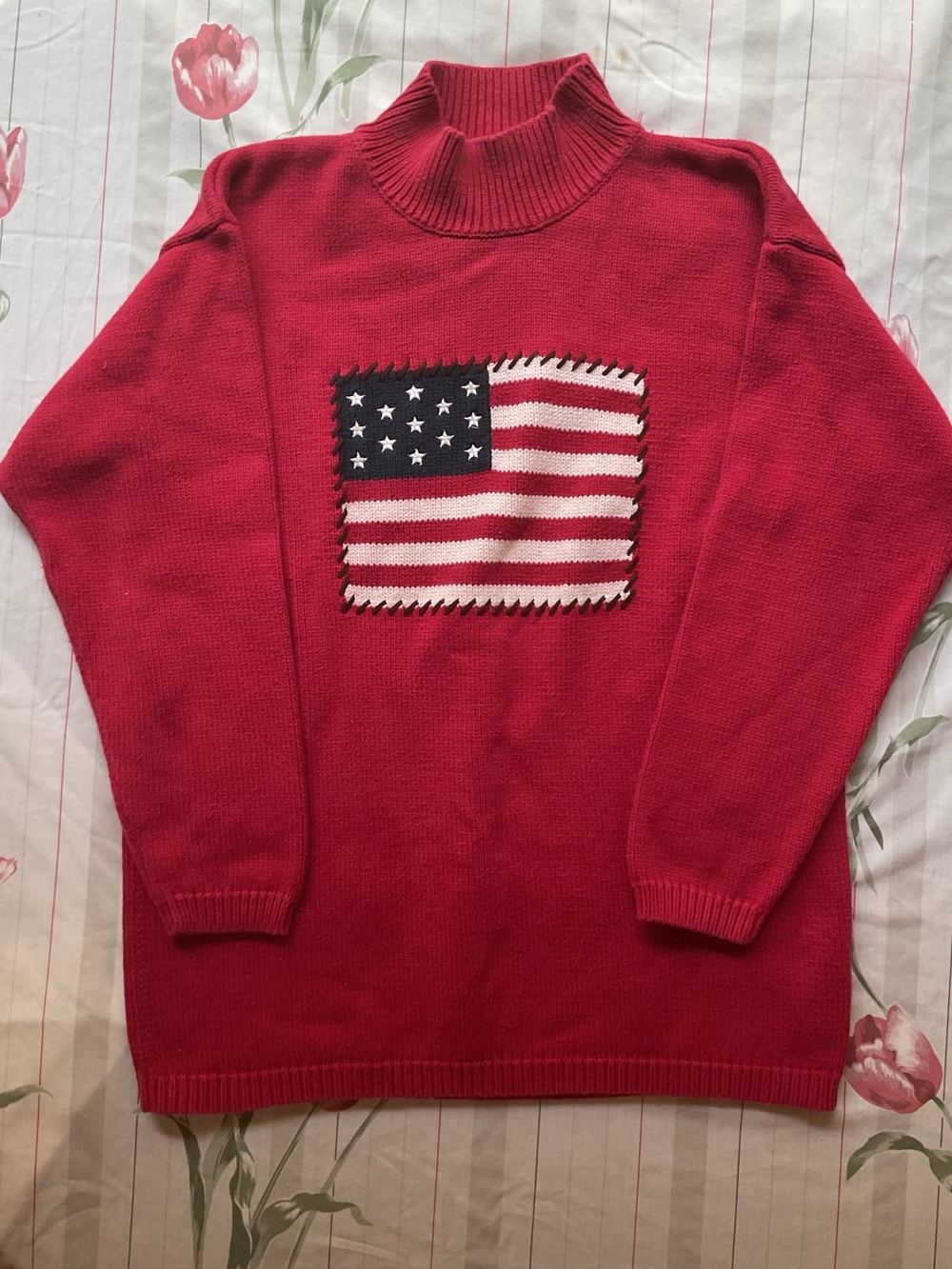 Vintage Liz Claiborne Liz & Co. Red Ribbed Mock-Neck USA Flag Knit Sweater